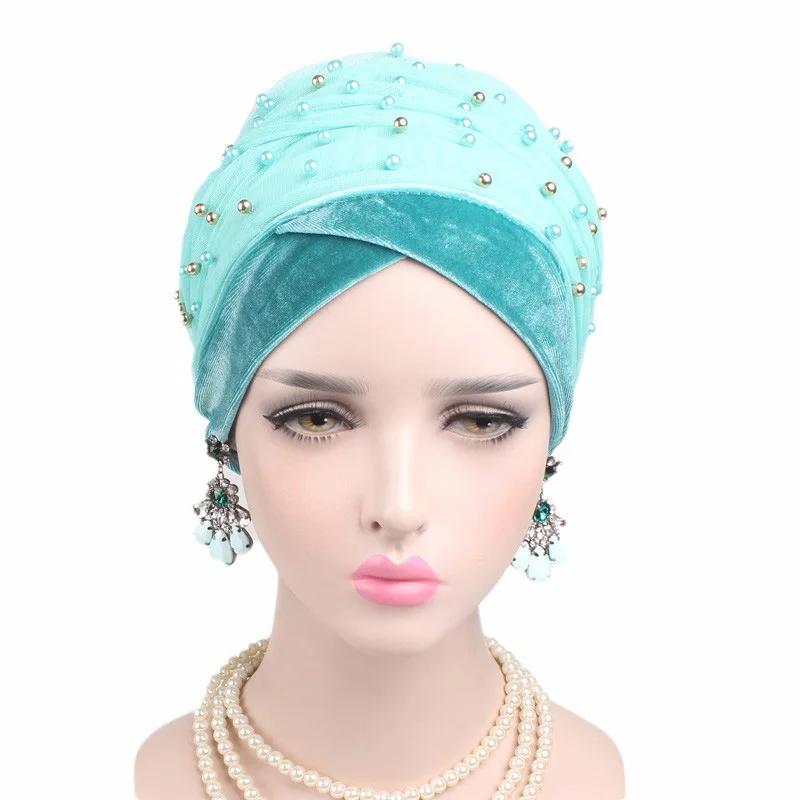 Winter Warm Velvet Women\'s Scarf Turban Beading Headscarf Bonnet Muslim Hijab Turbans African Hat Under Scarf Caps