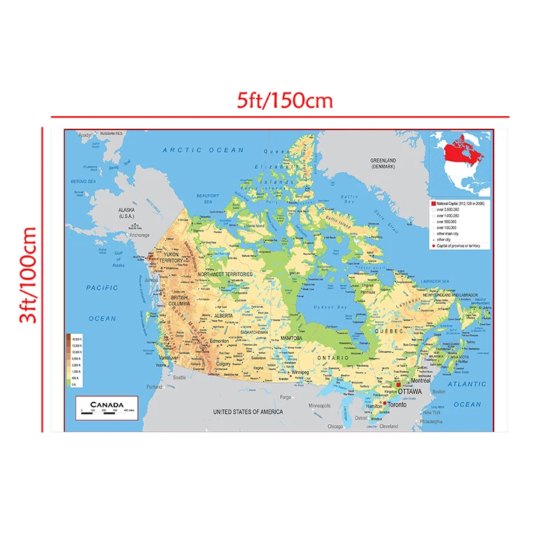 150*100cm o canadá mapa topográfico em francês sem moldura cartazes e impressões arte da parede não-tecido para a decoração da sala de estar em casa