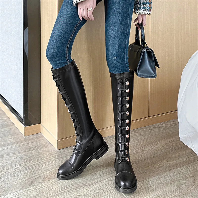 Meotina Real Leather Med Heel Knee High Boots Women Boots Block Heel Slim Stretch Shoes Zipper Female Long Boots Autumn Winter