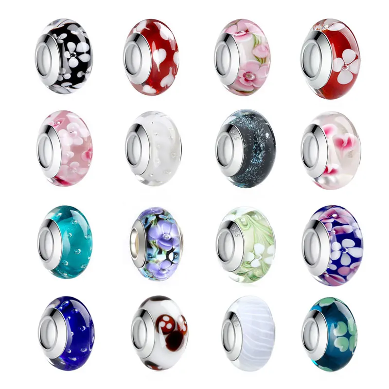 BISAER vente en gros 9 Styles argent plaqué perles de verre de Murano européennes adaptées aux Bracelets et colliers BISAER accessoires de bricolage WEU6326