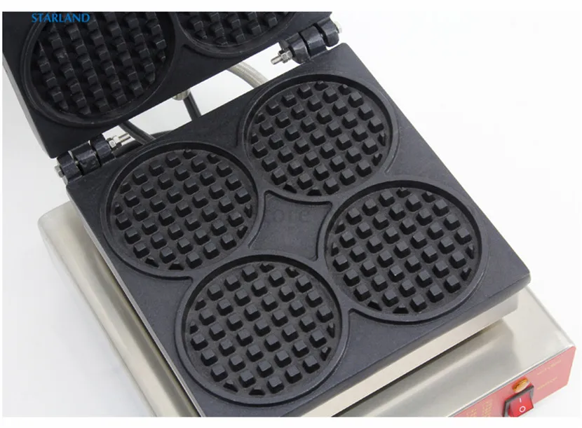 Máquina de Waffle de cuatro formas redondas, gofre belga clásico, máquina de fabricación de refrigerio comercial, con 4 Uds. De moldes