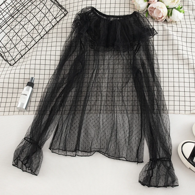 Women Flare Sleeve Peter Pan Collar Dot Lace Flower Mesh Gauze Basic Ruffles Shirt New Vintage Elastic Slim Pullover Blouse Tops