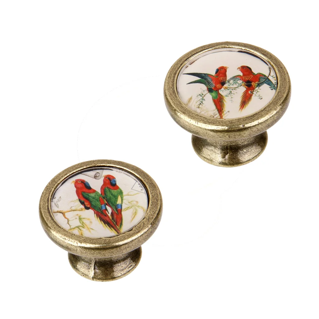 2 Pieces Vintage Brass Cabinet Door Drawer Closet Dresser Pulls Handle Knobs with Screws Colorful Birds Prints