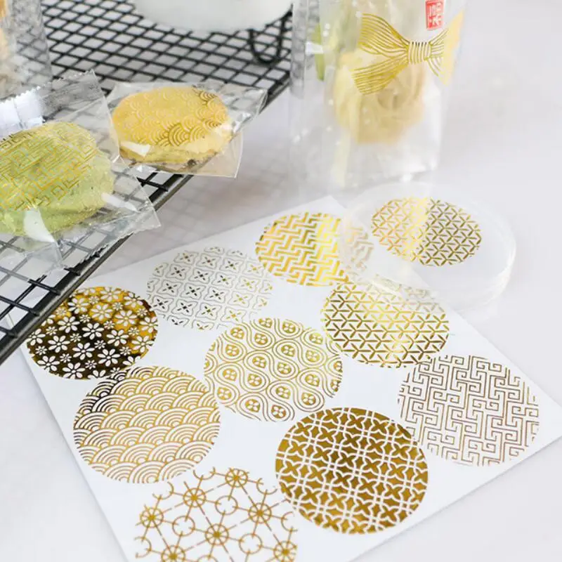 90pcs/lot Transparent Round Hot Foil Gold Seal Sticker Transparent Pattern Series DIY Multifunction Gift Label Baking Sticker