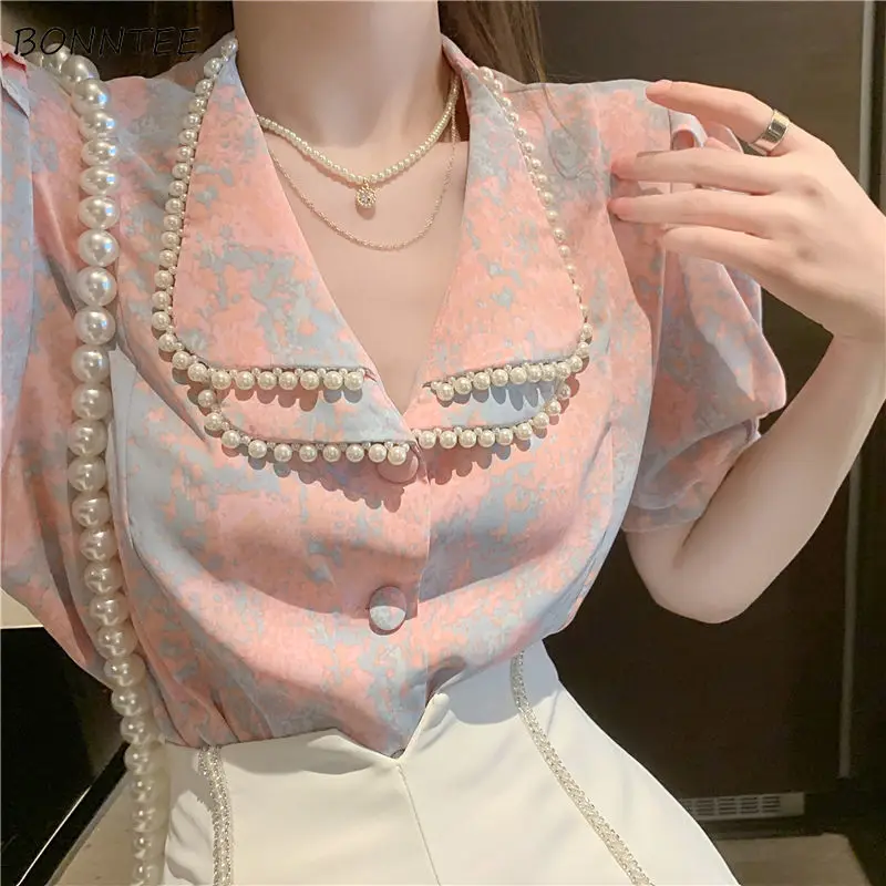 

Shirts Women Elegant Turn-down Collar Female Beading Casual Puff Sleeve Lovely Camouflage Streetwear Fashion Student Summer 2021