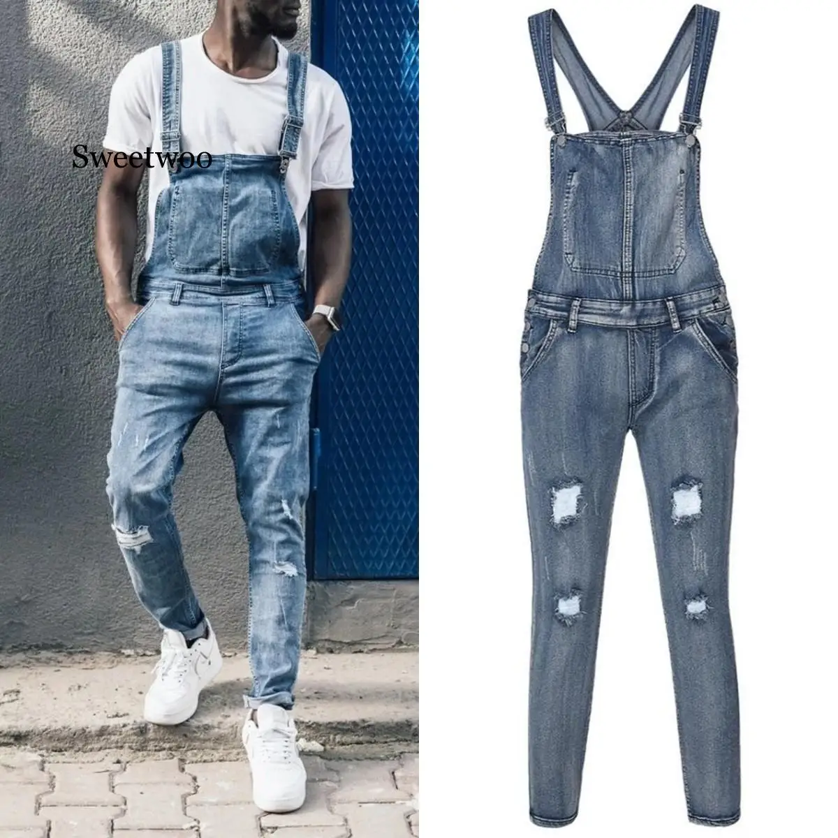2020 New Men's  Overalls Large Size Huge Denim Bib Pants Fashion Pocket Loose Jumpsuits Male