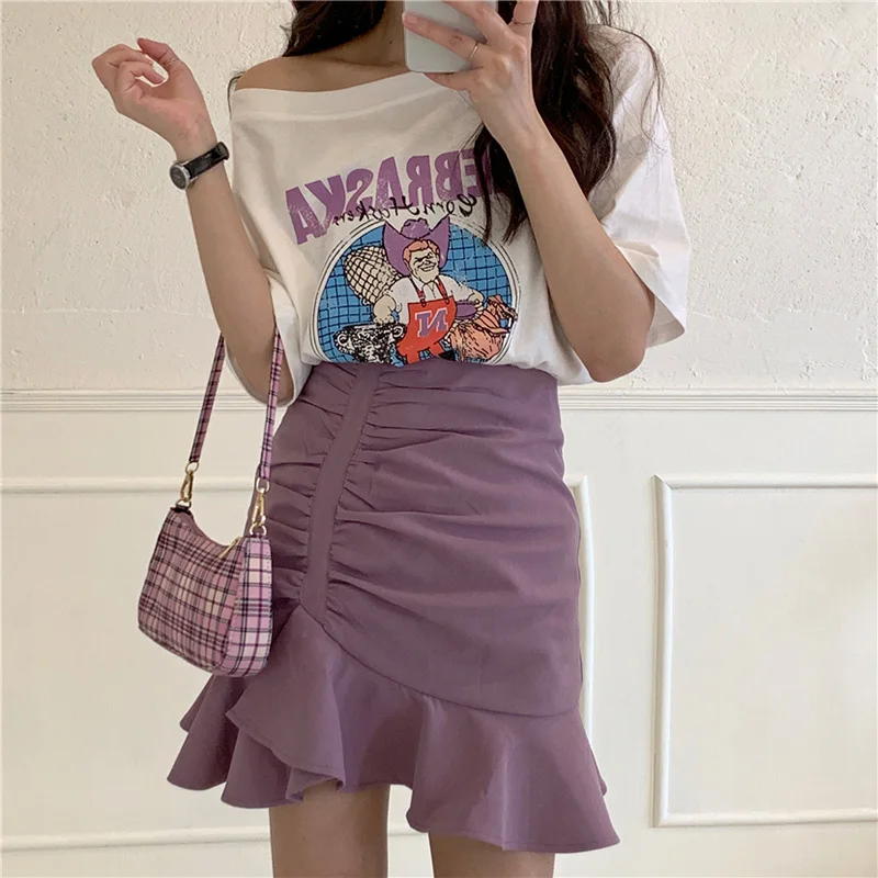 Lilac Purple Skirts Women 2024 Summer Elegant Pleated Mermaid Skirts Mini Skirt and Top Set One Shoulder Tshirts Print T Shirt