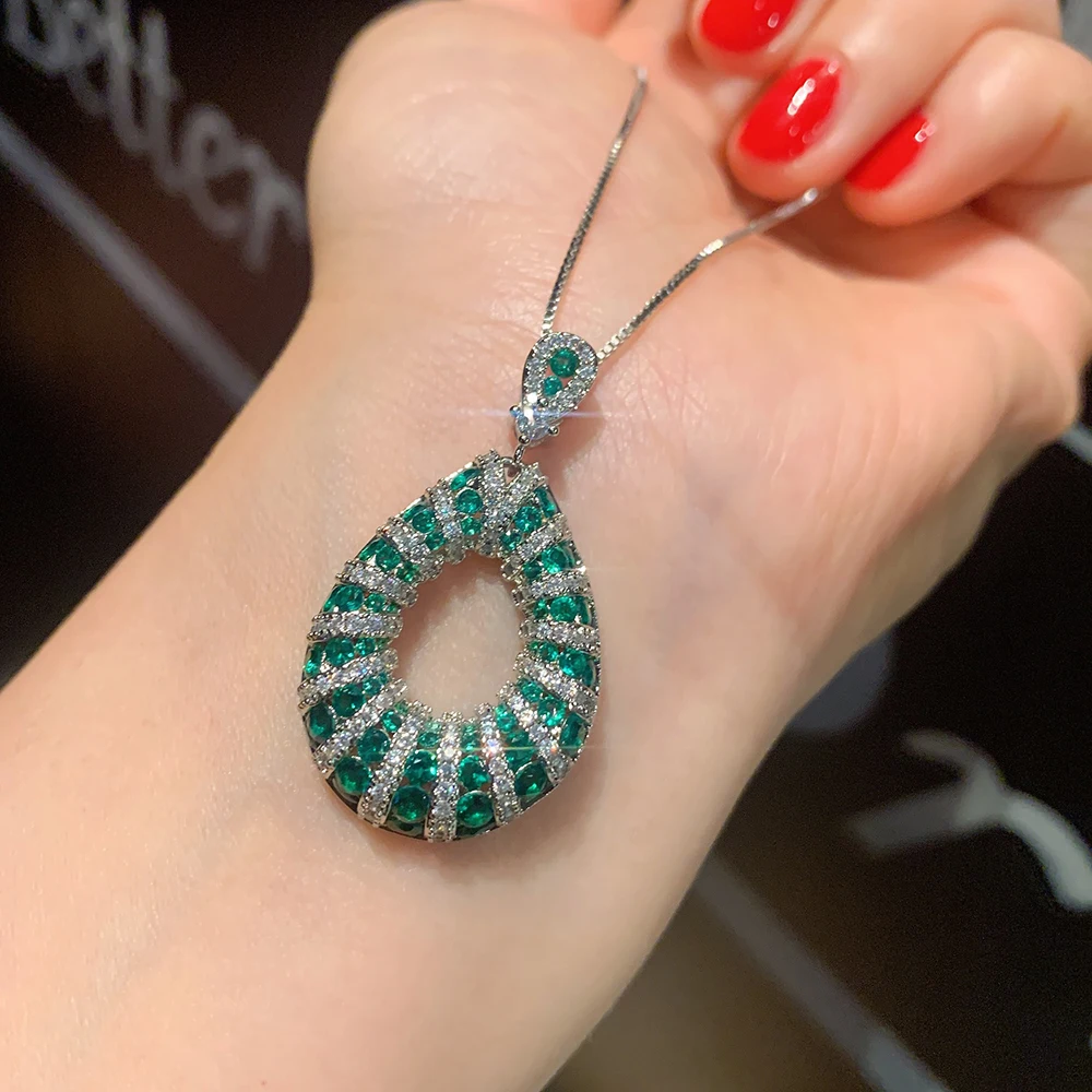 Vintage Emerald Gemstone High Carbon Diamond Pendant Necklace Drop Earrings Wedding Party Fine Jewelry Set Charms Gift for Women