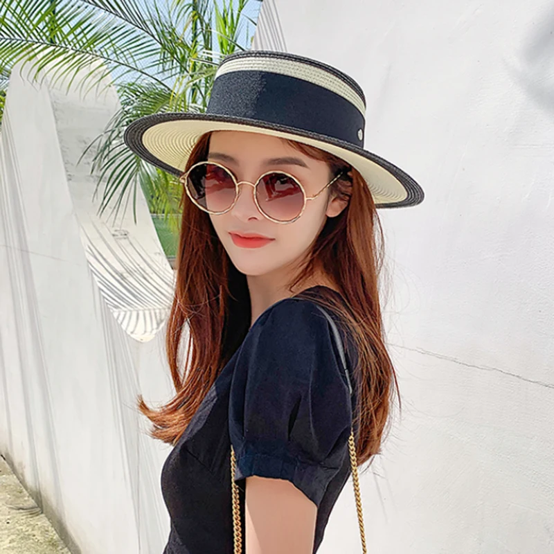 Summer Elegant Retro Women Flat Top Straw Hat Trip Caps Leisure Beach Sun Hats M Letter Breathable Flower Beach Hat