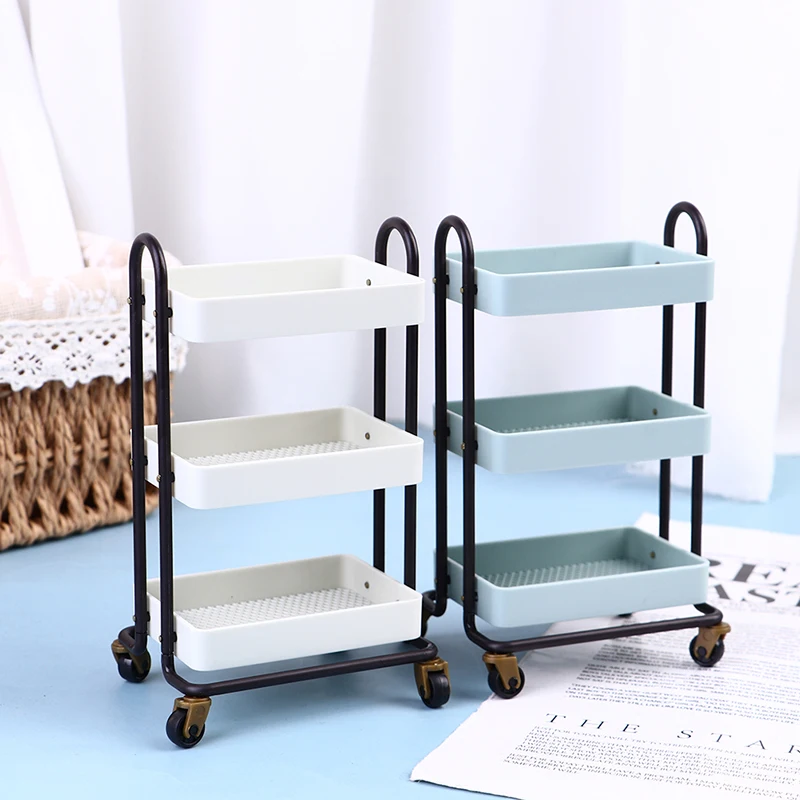 1:12 Dollhouse Trolley Dining Car Shelf Bookshelf with Wheels Doll Storage Display Rack For Doll House Furniture Accessories