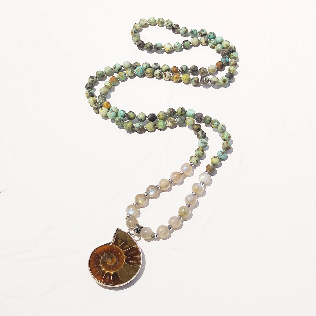 Lii Ji Turquoise Labradorite Stone Long Necklace Ammonite Pendant Necklaceb Boho Neklace Women Jewelry Gift 80cm/32inches