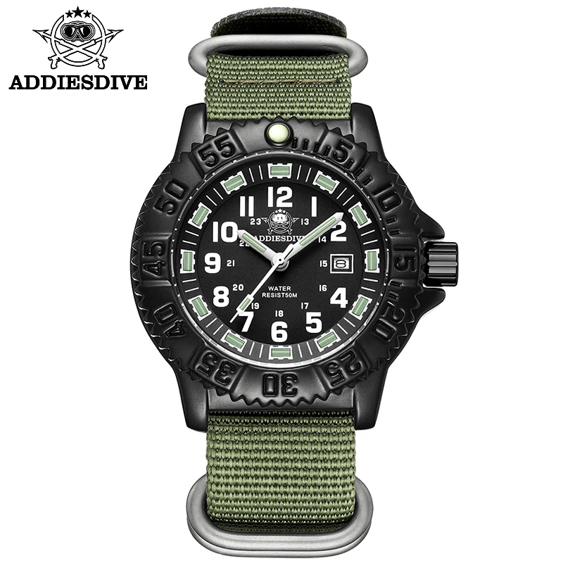 

Addies Dive Men's Quartz Watch Nylon Strap Green Tube Luminous Watch 50m Waterproof Rotating Bezel Sports Watches