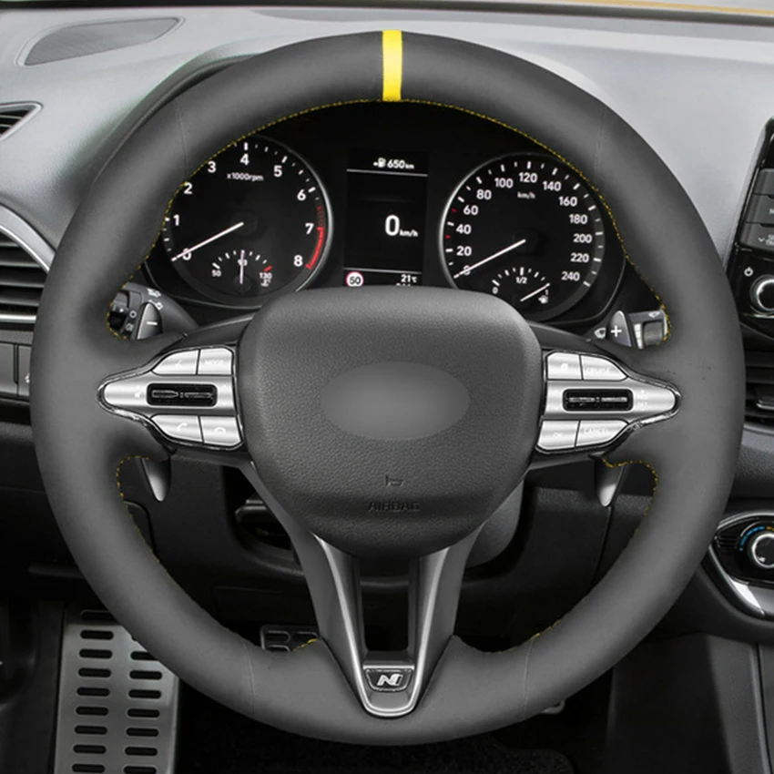 Hand-stitched Black Suede Yellow Marker Car Steering Wheel Cover for Hyundai Veloster N 2019-2022 / Elantra N Kona N 2022-2023