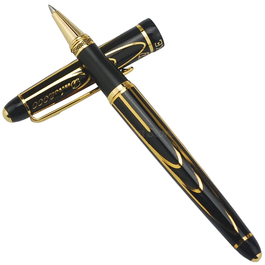 Duke Pioneer Metal Black Roller Ball Ballpoint Pen Golden Flower Pattern Professional Office Stationery Writing Gift Accessory