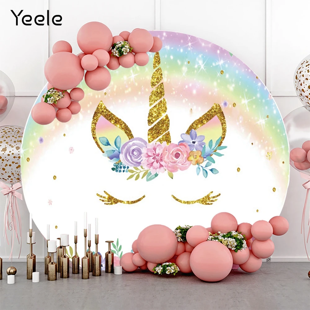 

Yeele Newborn Baby Shower Rainbow Golden Unicorn Round Backdrop Kids Party Photography Background Custom Polyester Photo Studio