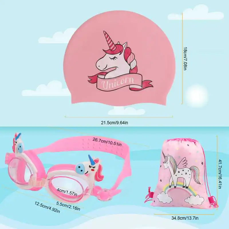 Cartoon Kids Swimming Goggles Unicorn Shark Swimming Cap Storage Bag Anti-Fog Waterproof Silicone Kids Glasses for Boy Girl Gift