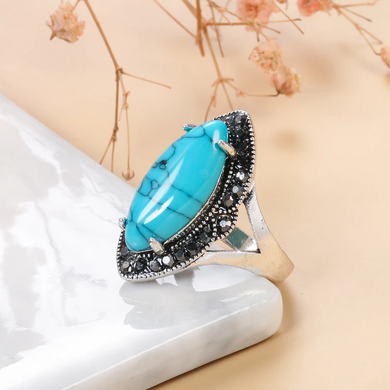 Kinel Natural Stone Vintage Rings For Women Simple Blue Big Stone Inlaid Rhinestones Boho Ethnic Jewelry Tibetan Silver Rings