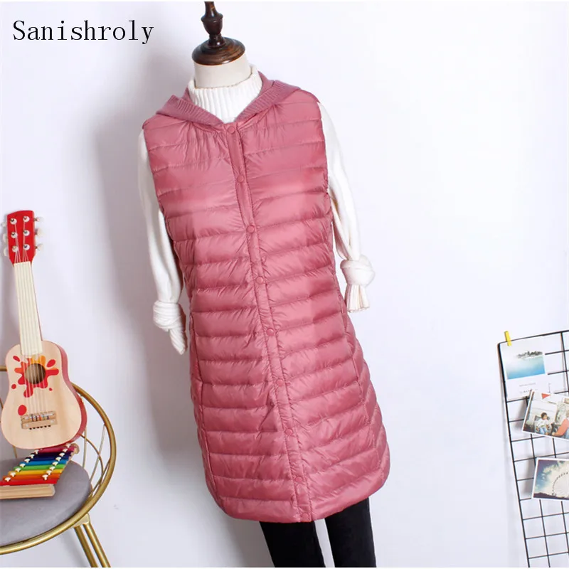 

Sanishroly Long Ultra Light Duck Down Vest Women Knitted Patchwork Hooded Waistcoat Female Sleeveless Down Coat Parka Tops S1060