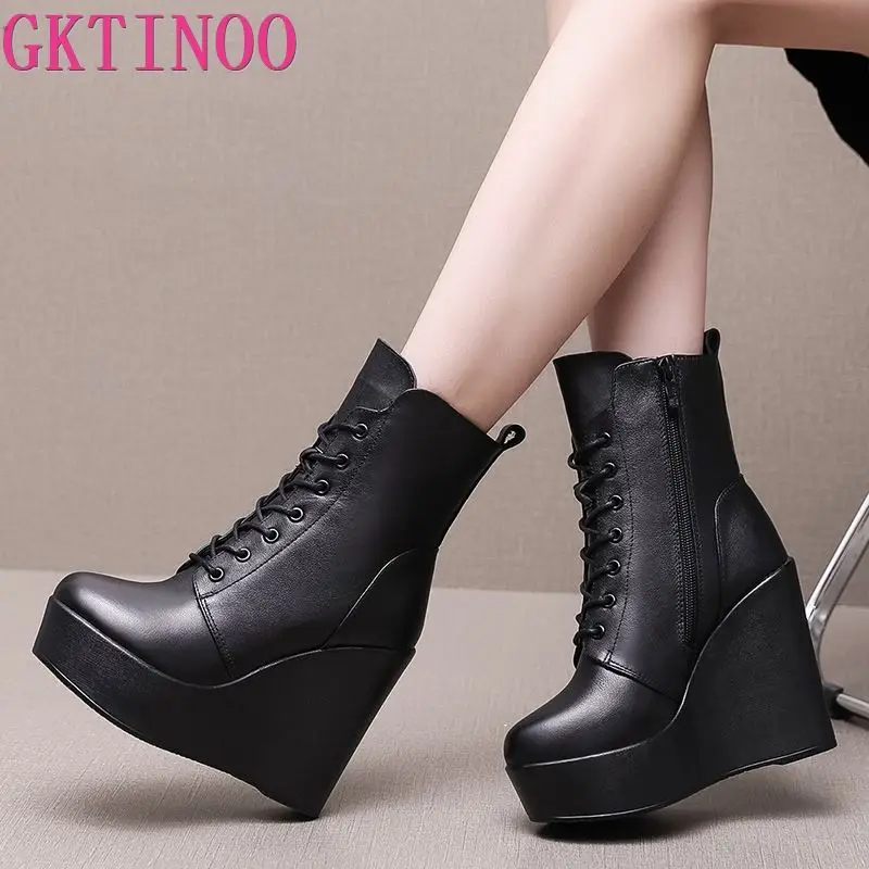 GKTINOO 2024 Fashion Genuine Leather Autumn Winter Boots Platform Wedges High Heel Boots Black Women\'s Boots Plus Size 33-43