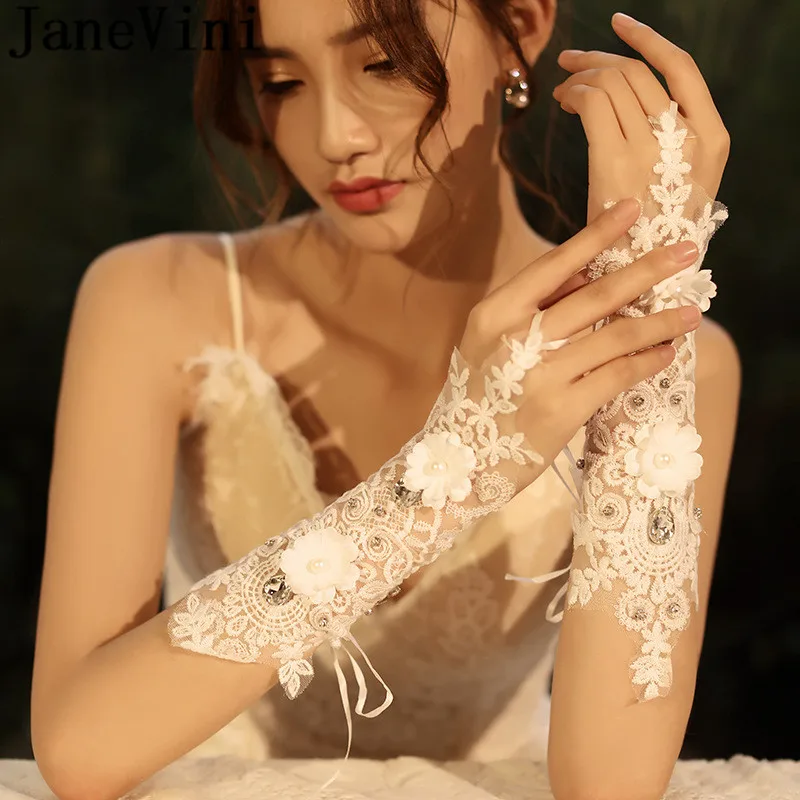 JaneVini-guantes de boda con cuentas de porcelana, con perlas, flores, encaje, novia, sin dedos, accesorios nupciales