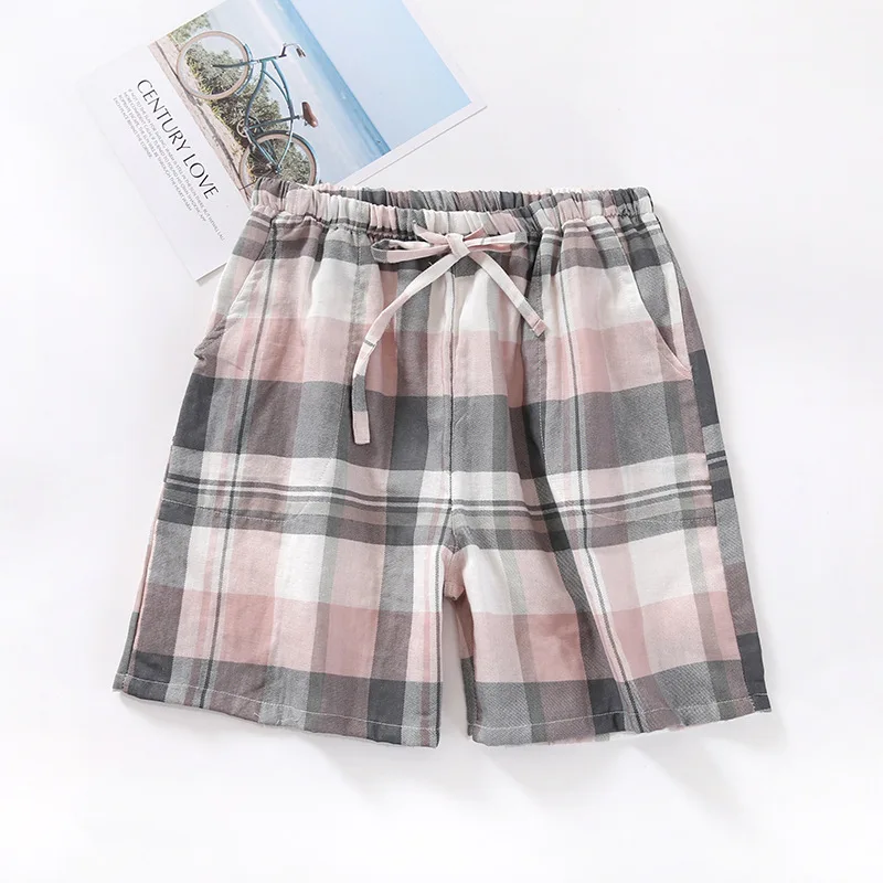 Nuevos pantalones cortos japoneses de verano para parejas, pijamas de celosía, pantalones cortos de sección delgada de gasa de algodón para hombres