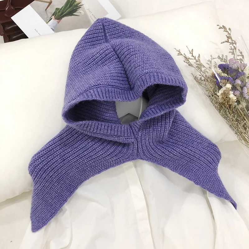 2022 Fashion Solid Winter Knitted Scarf Hood Head Women Warm Snood Neck Collar Shawl Wraps Windproof Sjaals Dames Bufandas Mujer