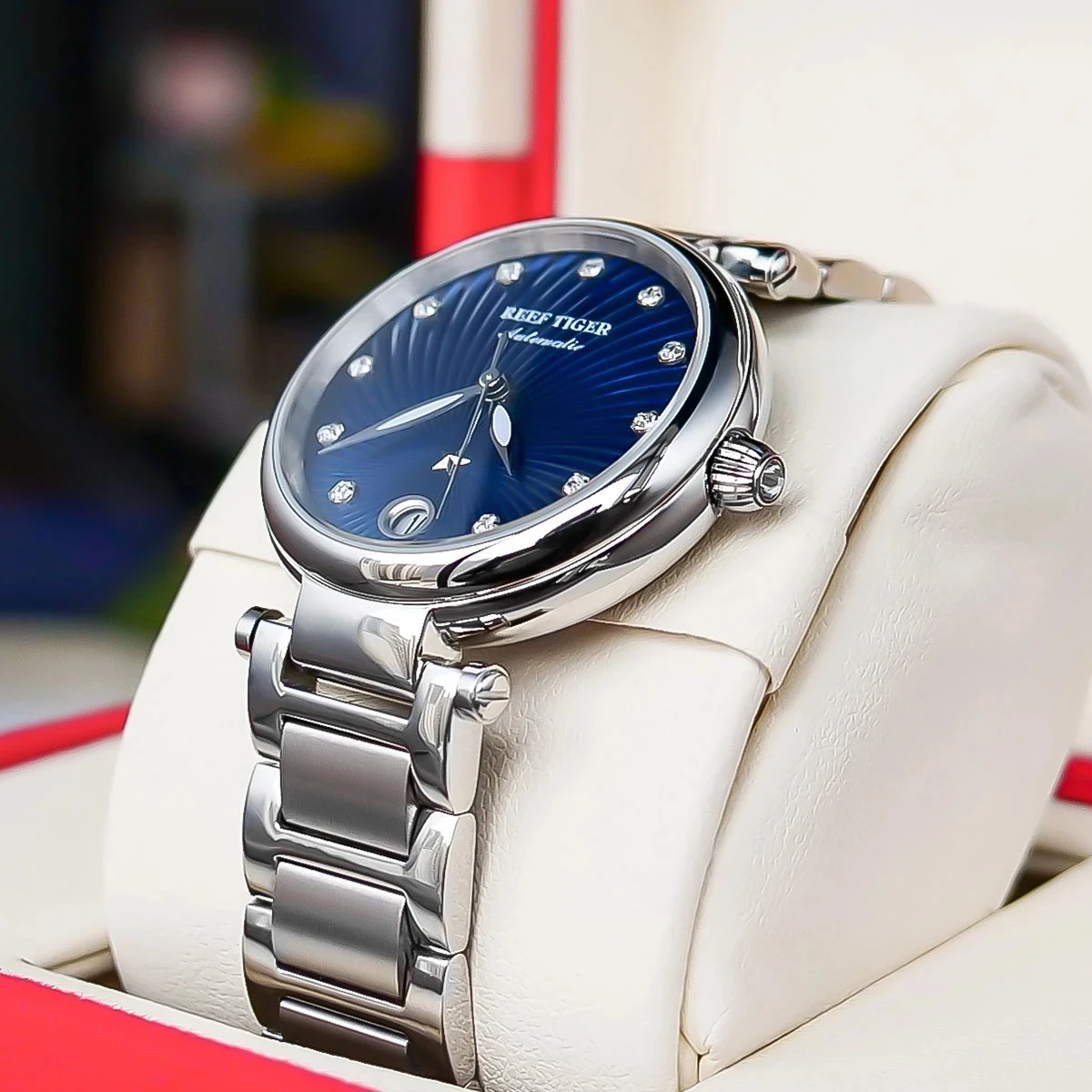 Reef Tiger/RT  Fashion Blue Dial Ladies Automatic Mechanical Watch MIYOTA 9015 Movement Sapphire Glass Waterproof Date Watch