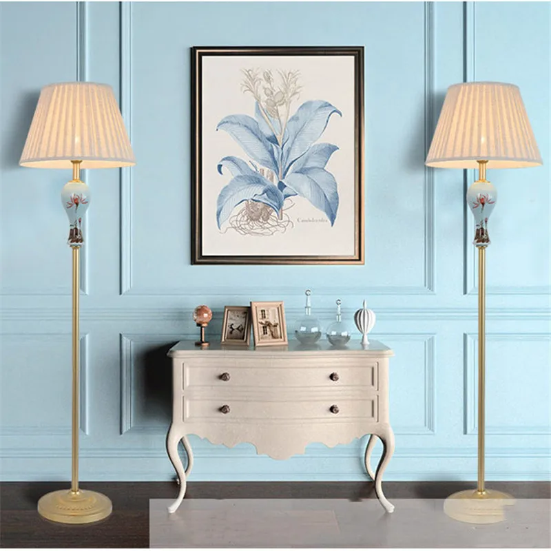 Chinese Hand Painting Lotus Ceramic Floor Lamp For BedRoom Bedside Living Room Foyer Study Reading Night Standing Lamp 190138