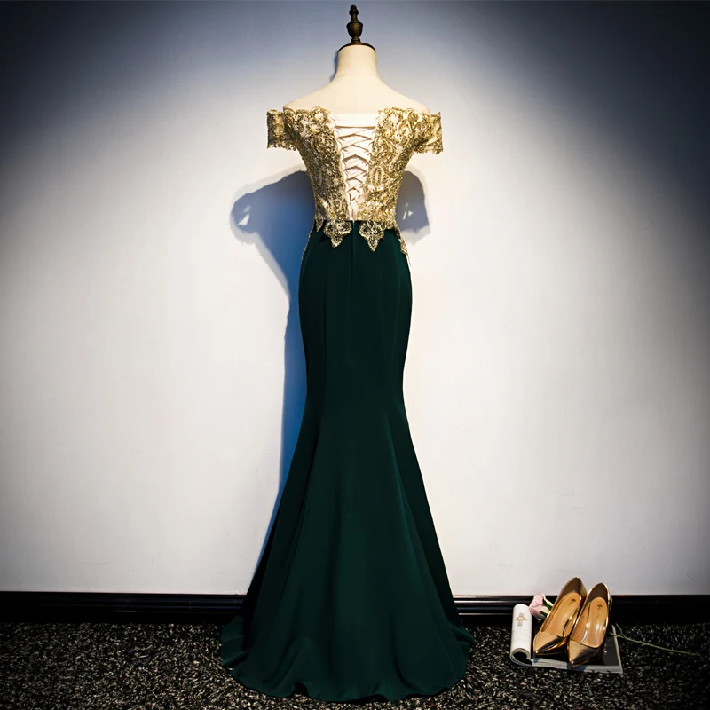 Evening Dresses New Off the Shoulder Dark Green Golden Lace Cystal Trumpet Floor-length Plus size Customized Formal Dress R1359