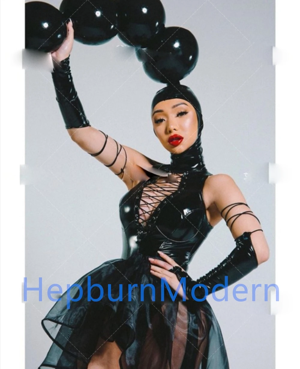 

Nightclub bar Ds black patent leather sexy hollow gogo costume stage performance cloth women dancer wears