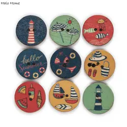 50pcs Round Mixed Vacation Travel Theme Print Wooden Button Handwork Sewing Scrapbooking Clothing Crafts Gift Card 15-25mm