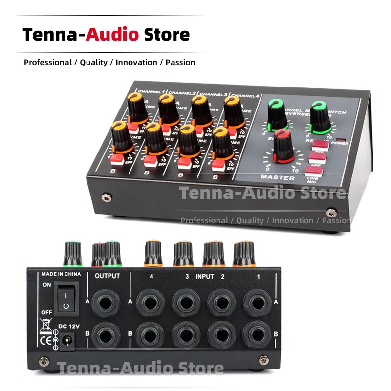 

Portable 4 & 8 Stereo Mono Four Eight Channel Audio Mixer 6.3 mm Line In Out Microphone Hub Mic Input Output DJ Mixing Console