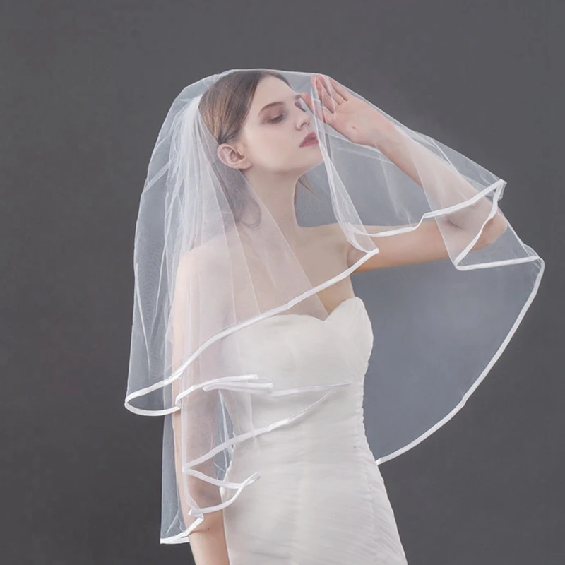 In Stock White Ivory Short Bridal Veils Boda Cheap Wedding Veil Satin Edge Veu de noiva Bride accessoires mariage welon