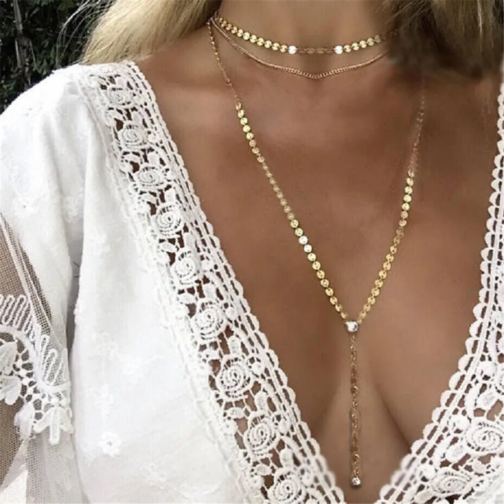 Stainless Steel Sexy Multilayer Sequins Chain Tassel Crystal Pendant Necklace For Woman Y Shape Disc Choker Necklace