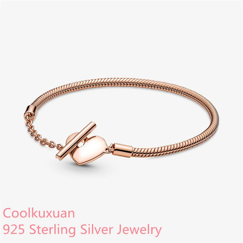 

Moments Heart T-Bar Snake Chain Bracelet Fits 925 Beads Silver Bracelets For DIY Woman Fashion Bracelets For Jewelry Making