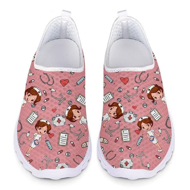 

New Nursing Flat Female Shoes Women Cute Cartoon Nurses Printed Women's Sneakers Breathable Mesh Flats Teens Girls Low Top Shoes