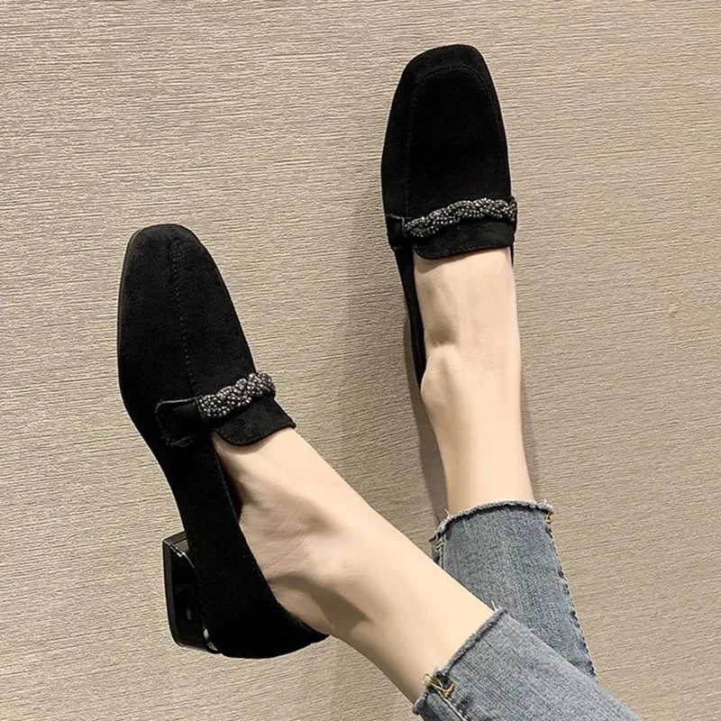 Fall/Winter 2021 Ladies Fashion Loafers Low Heel Boat Shoes Shoes Square Toe Dress Shoe Chain Faux Suede Plush Warm Ladies Shoes