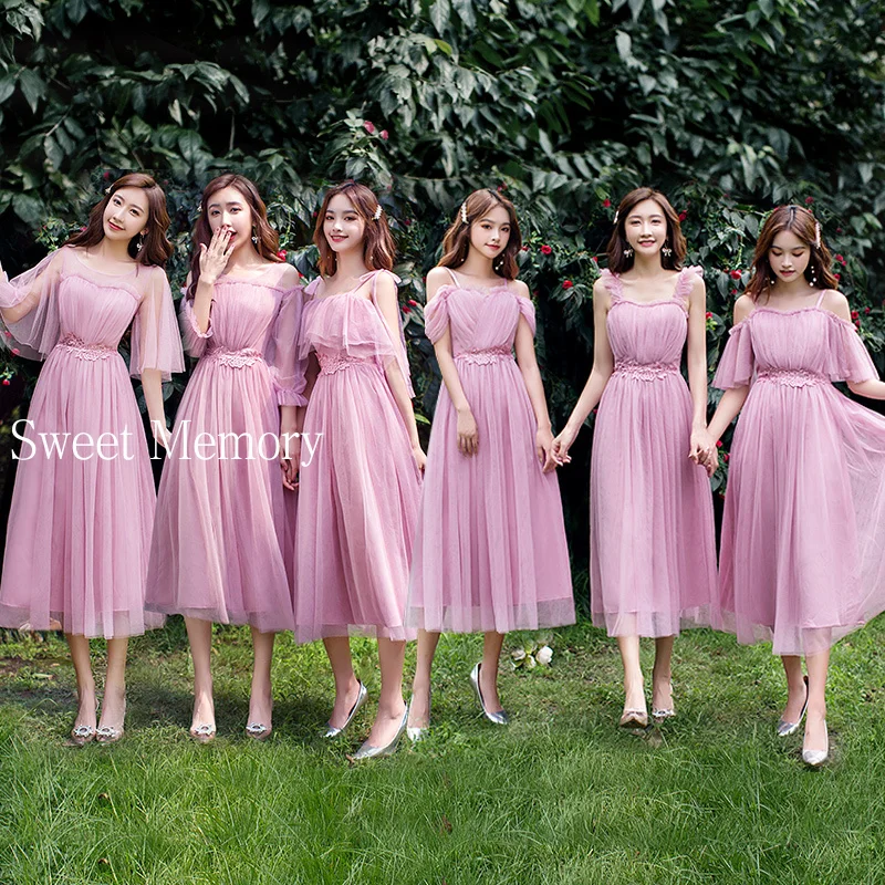 Wholesale Cheap Bridesmaid Dresses Blue Grey Pink Champagne Gown Sing Gradution Performance Party Dress Mesh Net Tulle Robe