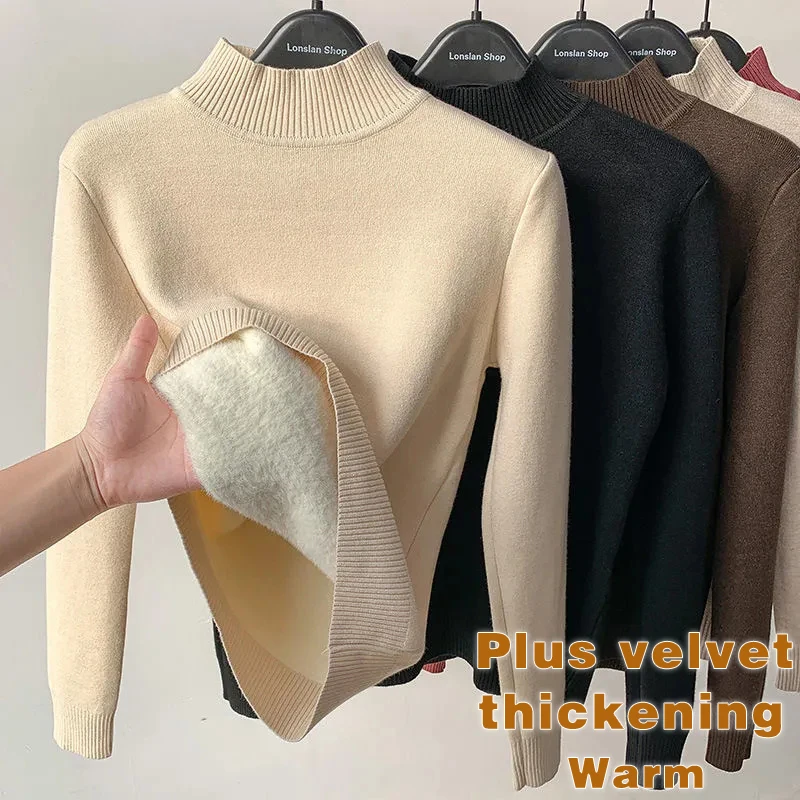 

Autumn Winter Solid Color Fleece Thick Half High Collar Pullover Sweater Women Simple Basic Warm 8 Colors Plus Velvet Loose Tops