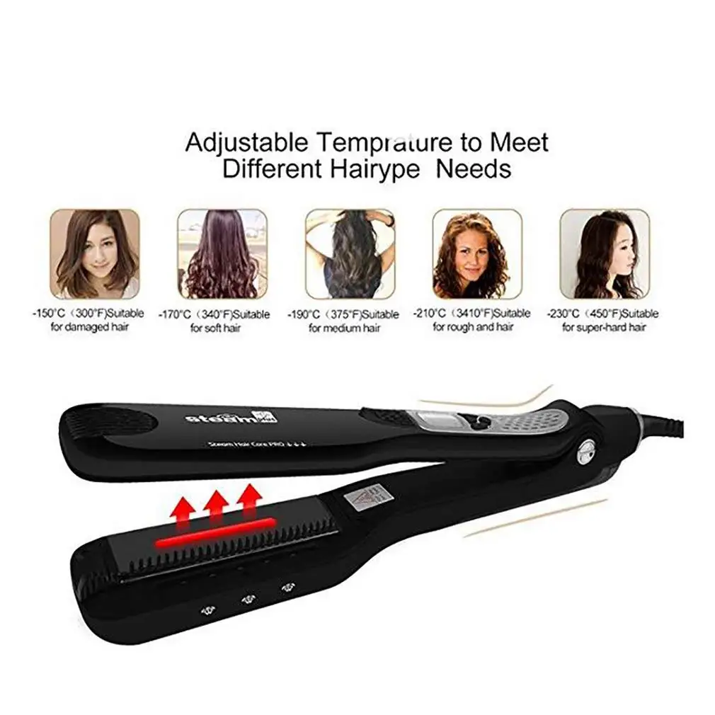 Professional Dual-Voltage Titanium Steam Hair Straightener with Wide Plates, Temperature Control, and Multi-Style Function