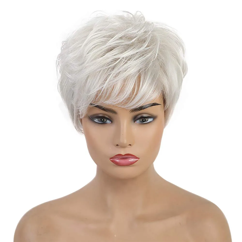 Silver Grey Wig Short Natural Straight Synthetic Wigs for White Women Fake Hair Wig Natural Looking Heat Resistant Fiber