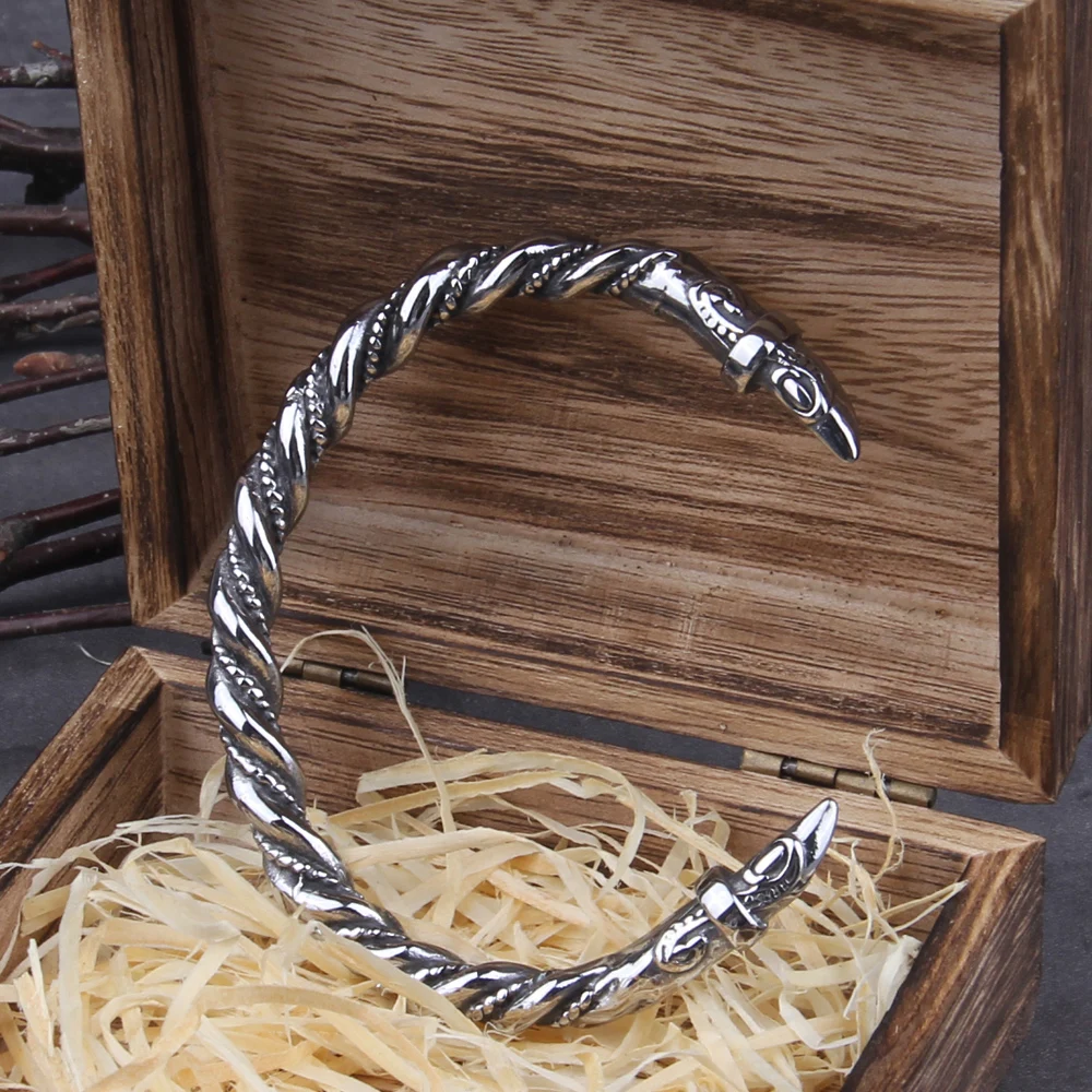 Stainless Steel Nordic Viking Norse Raven Bracelet adjustable Men Wristband Cuff Bracelets with Viking Wooden Box