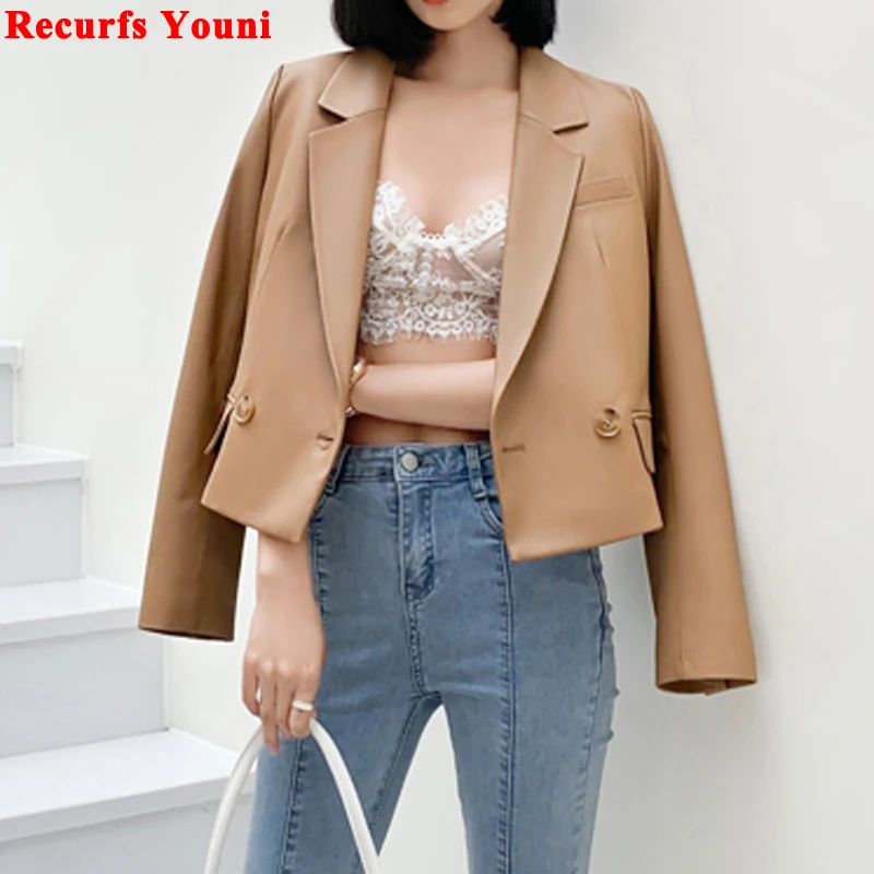 Suit Jacket For Women 2023 Spring/Winter Genuine Leather Tops Black Short Coat Mujer Lapel Simple Capable Office Blazer