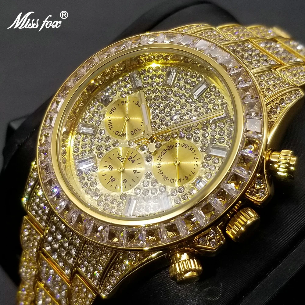 MISSFOX Top Brand Luxury Men's Watch Full diamond 30M Waterproof Clock Male Iced Out Watches Quartz Wristwatch Relogio Masculino