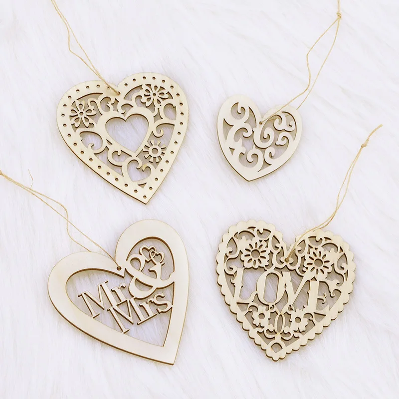 10pcs Wooden Heart Love Pendant Hollow Laser Mr Mrs Wood Chips With Hemp Rope For Rustic Weddings Birthday Party Hanging Decor