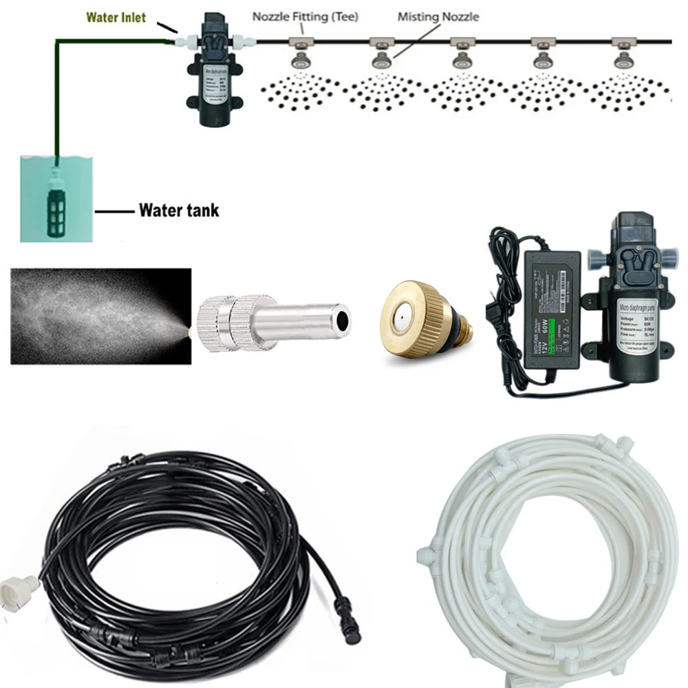 6-18M Misting Kits 12V DC Pump Spray Dust Removal System Fog Nozzles Low Pressure Atomization Humidify Cooling Watering