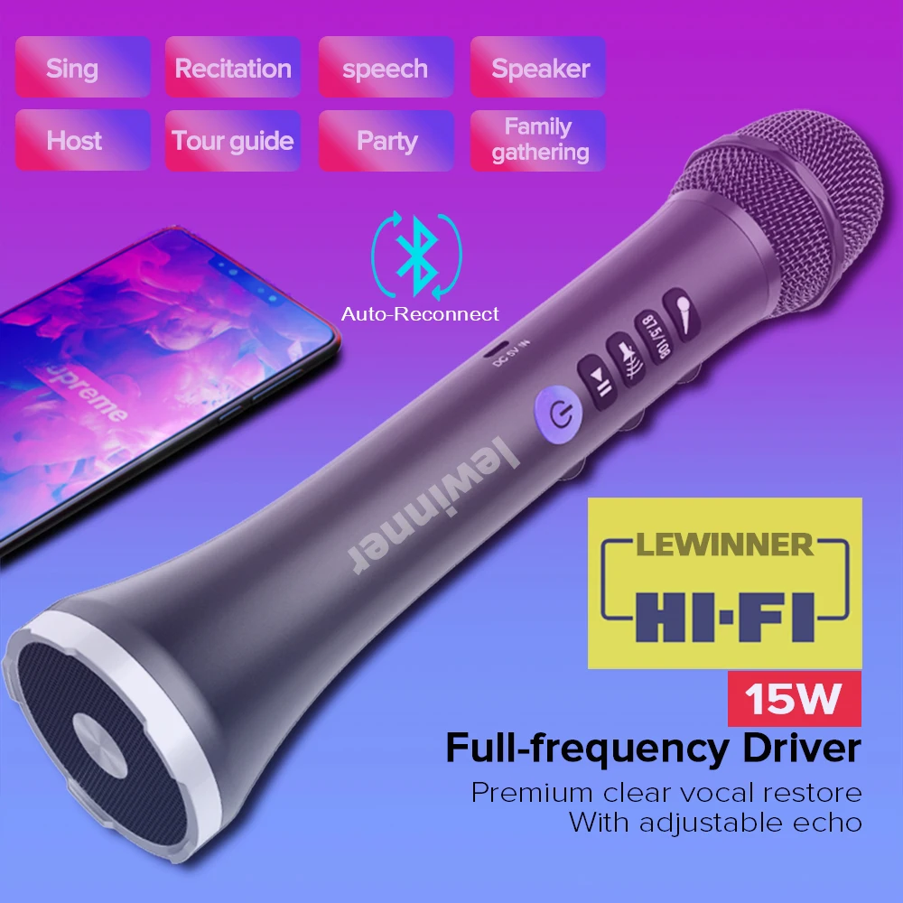 Lewinner Microphone 2-in-1 Handheld Wiress Microphone Karaoke Microphone L-698 Bluetooth Mic For Children Singing Wedding Host