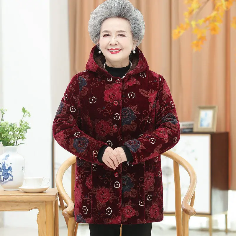 Elderly Women Winter Jacket Coats 5XL Old People Warm Outerwear Thicken Warm Velvet Hooded Parkas Grandmother Parka