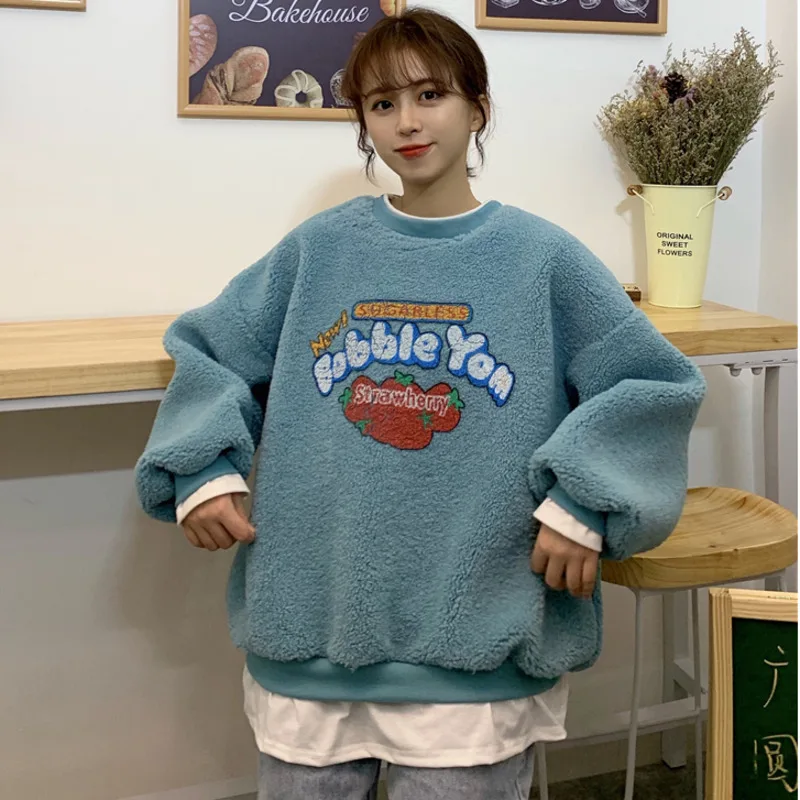 Women Fake 2 Pieces Warm Sweatshirt Fall Winter Long Sleeve Fleece Hoodie Strawberry Print Fuzzy Hoody Pullover Kawaii Top S-2XL