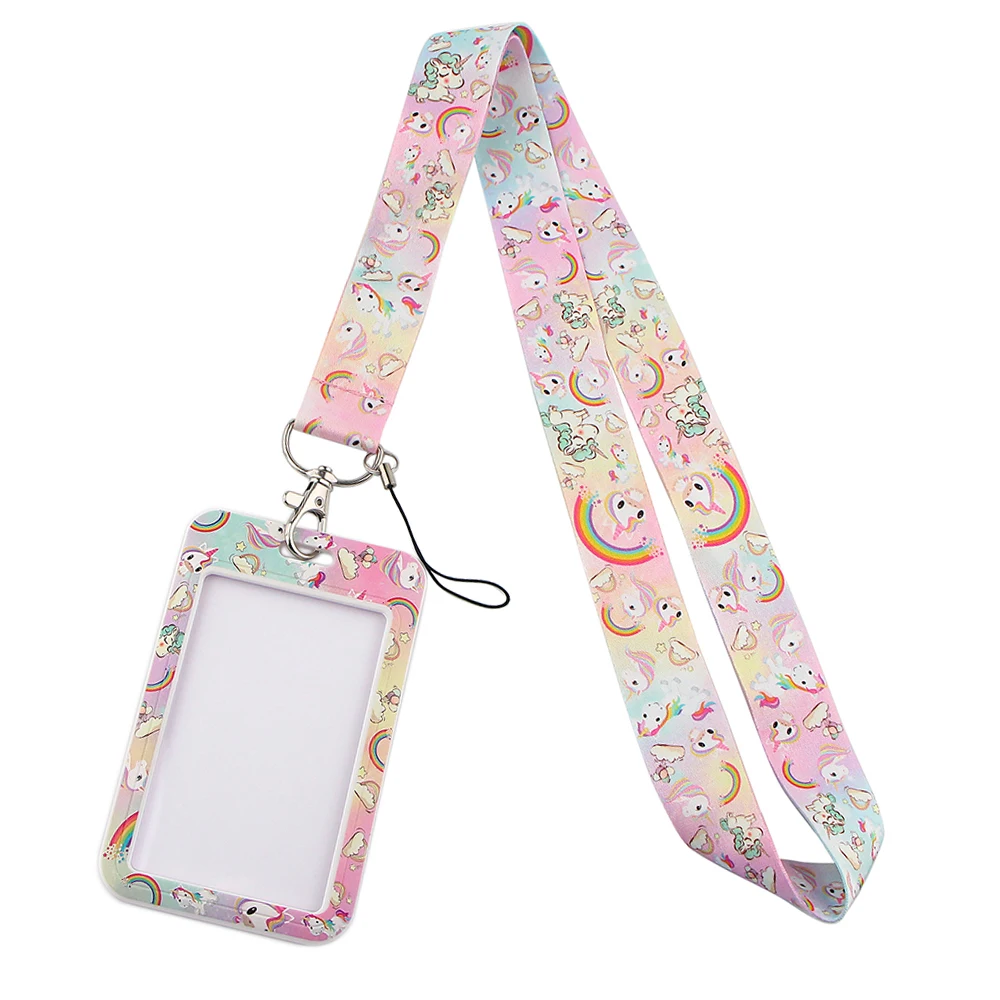 YL34 Rainbow Unicorn Cartoons Neck Straps Lanyard Car Keychain Badge Holder ID Card Mobile Phone Key Ring Accessories Gifts